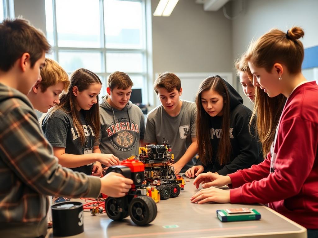 Students collaborating on a robotics competition robot during a coaching session